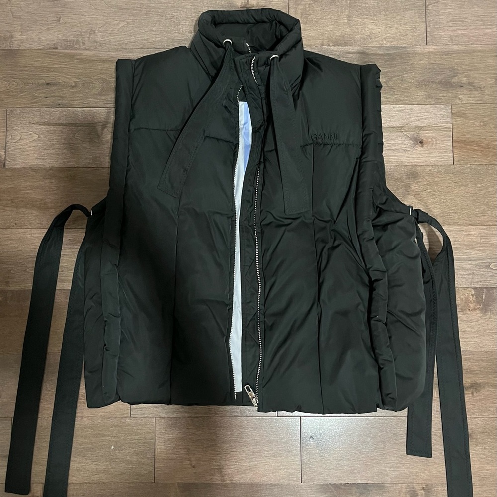 GANNI Black Puffer Vest with Tie Details